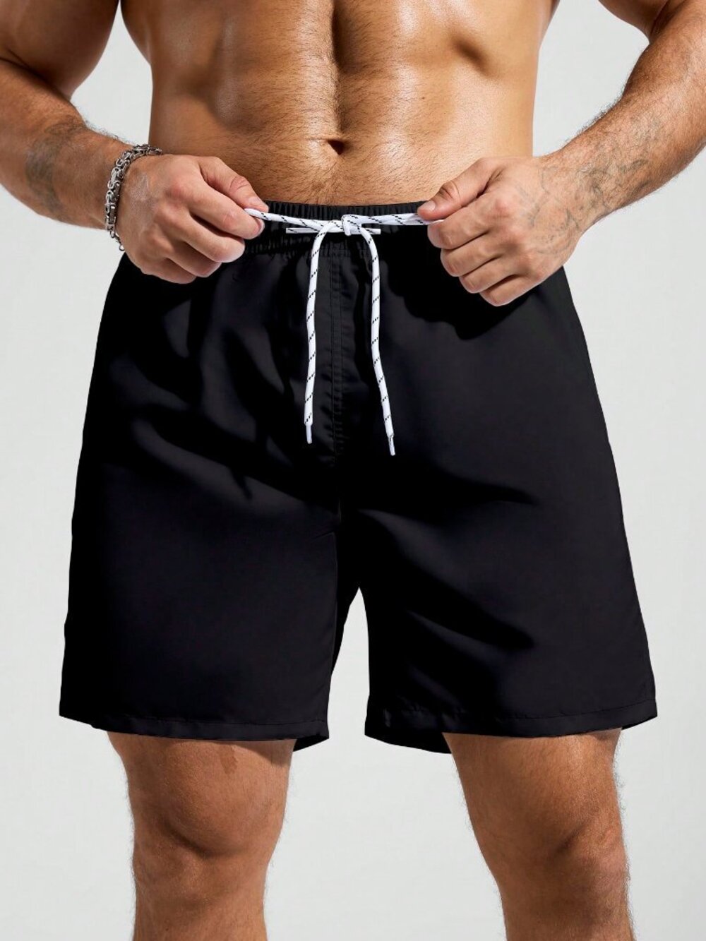 Black Sports Outdoor Men's Pocket Drawstring Waist Beach Shorts - Picture 3 of 5